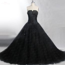 Ball Gown Black Gothic Wedding Dress Strapless Beaded Corset Lace-Up Back Vintage Non White Bridal Gowns With Train