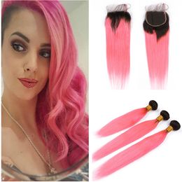 Black and Pink Ombre Human Hair Bundles 3Pcs with Closure Silky Straight #1B/Pink Dark Root Ombre Virgin Brazilian Human Weaves Extensions