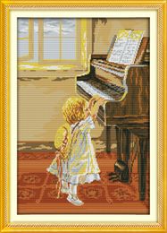 The little girl and the piano decor paintings , Handmade Cross Stitch Embroidery Needlework sets counted print on canvas DMC 14CT /11CT