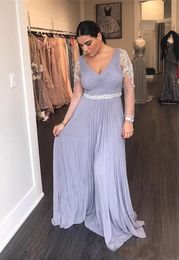 2019 Vintage Cheap Mother of the Bride Dresses V Neck Long Sleeves Chiffon Crystal Beaded Wedding Guest Dress Plus Size Prom Evening Gown