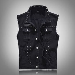 Black Men vest Cool Rivet Waistvest Denim Jackets Sleeveless Korean Slim Fit Jeans Vest Hip Hops Tops Overcoat Spring Autumn Coats 5XL