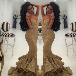 Charming Gold Sequined Prom Dresses Sexy Spaghetti Mermaid Evening Gowns Front Split Dubai Style Cocktail Formal Party Dress Custom Made