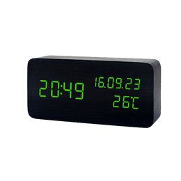 Wood Alarm Clock, Music voice-activated Digital Alarm Clock Display Time Date Week Temperature for Bedroom Office Home -- Green light