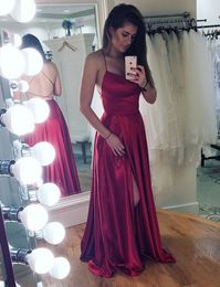 2018 Simple Cheap Backless Evening Dresses With Side Slit Halter Satin Pleated Floor length Prom Red Carpet Formal Dress Long