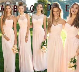 2018 Pink Navy Cheap Long Bridesmaid Dresses Mixed Neckline Flow Chiffon Summer Blush Bridesmaid Formal Prom Party Dresses with Ruffles