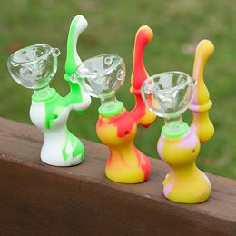 DHL Silicon Bubbler With Glass Bowl Silicon Downstem Silicone Smoking Pipe Herb Water Pipes Portable Hand Hookah Tobacco Dry Colours