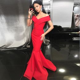 Red Satin Mermaid Evening Dresses Simple Off The Shoulder Ruffles Long Formal Prom Dresses Evening Gowns Zipper Up