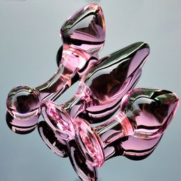 Pink Crystal butt plugs set Pyrex glass anal dildo ball bead fake penis female masturbation sex toy kit for adult women men gay Y18110106