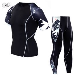 2017 Mens Skin Tight Running Compression Sets 3D Skulls Printing Short Sleeve Running T Shirts + Pants Set Fitness Jogging Suits