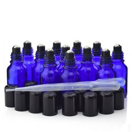 12 X 15ml Cobalt Blue Glass Bottles Roll-on Vials w/ stainless steel roller ball cap lid for perfume essential oil aromatherapy