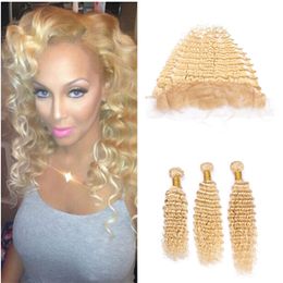 Deep Wave #613 Blonde Virgin Hair Wefts with Full Lace Frontal Closure 13x4 Deep Wave Malaysian Blonde Human Hair Weave Bundles with Frontal