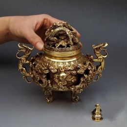 7" Chinese Brass Gilt 9 Dragon Incense Burner Censer Incensory Burner Statue