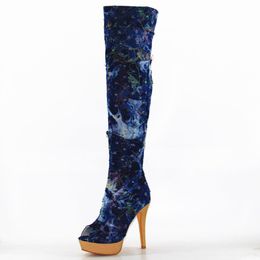 Kolnoo New Design Classic Style Handmade Women High Heel Knee Boots Demin Peep-toe Booties Fashion Western Shoes X161037