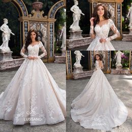 designer elegant lace applique wedding dresses ball gown long sleeved bridal gowns church train wedding dress