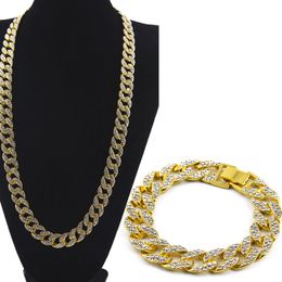 Fashion Gold Plated Iced Out 8inch Bracelets 24inch Necklace Set Hip Hop Chain For Women Men Party Club Jewellery Decor
