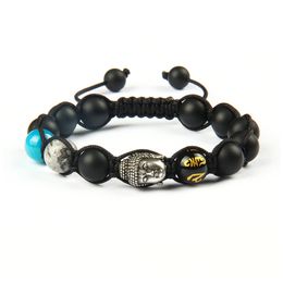 Wholesale 10pcs/lot OM MANI PADME HUM Antique Silver Buddha Macrame Bracelet With Natural Matte Black Agate Stone Beads