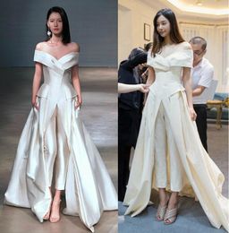 Ivory Jumpsuit Evening Dresses with Overskirt Elegant Party Dresses Pant Prom Gowns Vestido De Festa Bow Floor Length Customise Off Shoulder