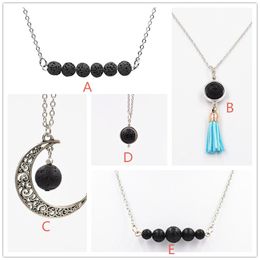 5 Styles Natural Black Lava Stone Necklace Silver Colour Aromatherapy Essential Oil Diffuser Necklace For Women Jewellery