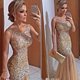 New Bling Gold Mermaid Evening Dresses Sheer Neck Crystal Beaded Tulle Floor Length Backless Celebrity Dresses Sexy Prom Dresses 449