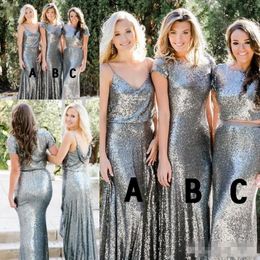 Country Style 2018 Sequins Bridesmaid Dresses Mermaid Short Sleeves Spaghetti Straps Two Piece Wedding Guest Dress Maid Of Honor Gown