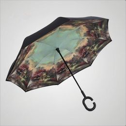 Double Layer Inverted Umbrella Cars Reversible Umbrella C-Hook Waterproof Reverse Folding Inverted Chuva