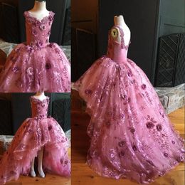 High Low Pink Flower Girl Dresses For Weddings 3D Floal Appliques Little Girls Pageant Dress Tulle First Communion Skirt