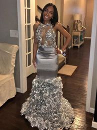 Sexy Silver Prom Dresses With Lace Applique Sleeveless Mermaid Evening Dresses Rose Flowers Custom Made Formal Party Gown