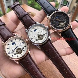 2018 Brown Top quality New Leather Gold Mechanical Men's SS Automatic Watch Sports mens Self-wind Watches Wristwatches