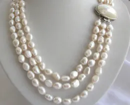 stunning 3rows 8-9mm baroque white freshwater cultured pearl necklace mabe b187