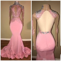 2020 Pink Formal Evening Dresses Mermaid Sheath Pink Silver Sequins Lace Appliqued Prom Party Gown Illusion Bodice Sexy Back Long Sleeves