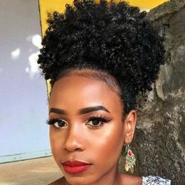 Curly Ponytail Hairpiece African American Short Afro Kinky Curly Wrap Human Hair Drawstring Puff Ponytail Hair Extension Ponytail with Clips