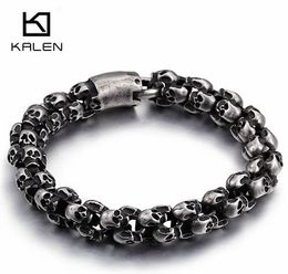 Kalen Punk 22.5cm Long Matte Skull Bracelets For Men Stainless Steel Brushed Skull Charm Link Chain Brecelet Male Gothic Jewelry