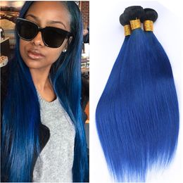 Straight 1B/Blue 2Tone Ombre Virgin Indian Human Hair Weave Bundles Black and Dark Blue Ombre Human Hair Bundle Deals Double Wefts