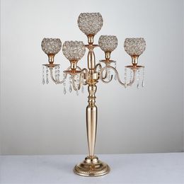 80 cm height 5-arms metal Gold/ Silver candelabras with crystal pendants wedding candle holder Event centerpiece 10 pcs / lot