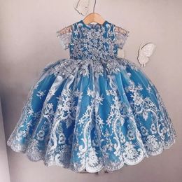 Adorable Lace Appliqued Flower Girl Dresses Lovely Short Sleeves Bow Back Girls Pageant Dresses 2018 Hand Made Baby Girls Birthday Dress