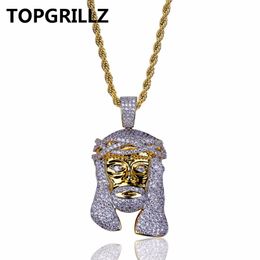 TOPGRILLZ Gold Colour Plated Iecd Out HipHop Micro Pave CZ Stone Pharaoh Head Pendant Necklace With 60cm Rope Chain