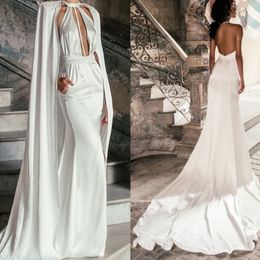 Elegant New Fashion Mermaid Wedding Dresses 2022 With Wrap High Quality Satin Halter Sweep Train Garden Custom Made Bridal Gowns