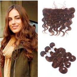 Middle Brown Human Hair Bundles With Lace Frontal 13*4 Brown Hair Body Wave Human Hair Weaves With Lace Frontal Closure 4pcs/Lot