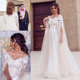 Arabic New Champagne A Line Wedding Dresses Off Shoulder Lace Appliques Flowers Beaded Tulle Long Sleeves Formal Plus Size Bridal Dress