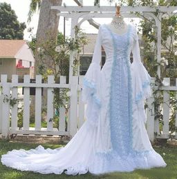 Vintage 2018 Celtic Scoop Juliet Long Sleeve Scoop A-line Wedding Dresses Cheap Pale Blue Lace Long Bridal Gowns Custom Made EN12236