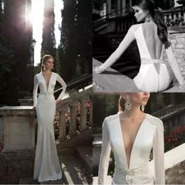 Berta Mermaid Wedding Dresses Sexy Deep V Neck Sheer Long Sleeve Bridal Gowns 2020 Beading Backless Sweep Train Satin Wedding Dress