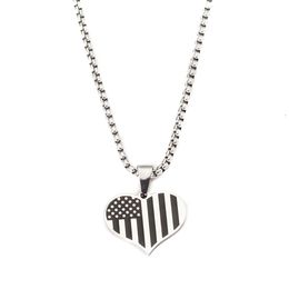 Stainless Steel American Flag USA Patriot Stars and Stripes Heart Pendant Necklace