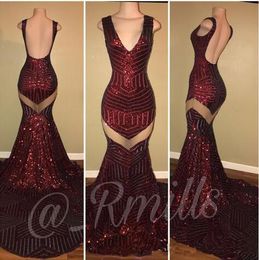 Sparking Burgundy Sequins Mermaid Prom Dresses 2018 V-Neck Backless Sweep Train Formal Evening Gowns Arabic Women Party Gowns Custom