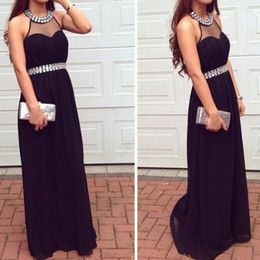 Cheap Black Chiffon Prom Dresses Long Formal Evening Party Gowns Crystals Halter Neck Sleeveless Dress with Sweep Train Ruched