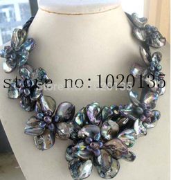 WOW! freshwater pearl black rice and shell flower necklace 18inch nature FPPJ 7 handmade