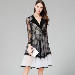 womens sexy v neck long sleeves embroidery lace patchwork ruffles elegant designer runway dresses