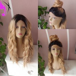 Honey Blonde Long Body Wave Synthetic Lace Front Wig with Baby Hair Free Part 1B/27# Color ombre Wig for Women