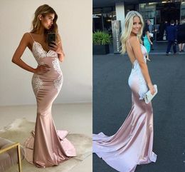 Sexy Mermaid Evening Dresses V Neck Spaghetti Straps Appliques Satin Pink White Long Backless Evening Gowns Prom Dresses Sweep Train