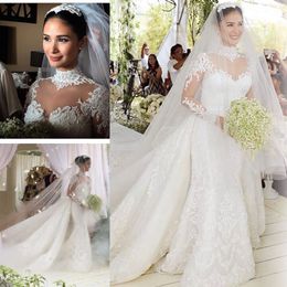 2022 Luxury High Neck Long Sleeve Mermaid Wedding Dress With Detachable Train Lace Applique Beaded Crystal Cathedral Shirt Bridal Gowns