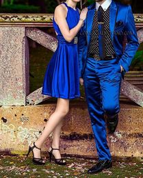 Brand New Shiny Blue 2 Piece Suit Men Wedding Tuxdos High Quality Groom Tuxedos Peak Lapel One Button Men Blazer(Jacket+Pants+Tie) 1315